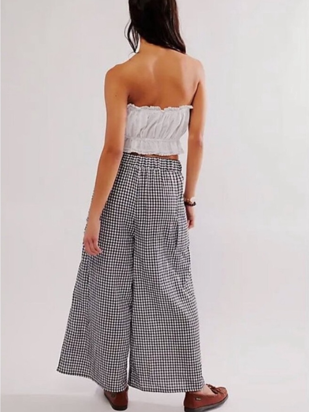 Free People East Side Trousers Plaid Relaxed Fit‎ Button Fly Black White Medium - Picture 3 of 10
